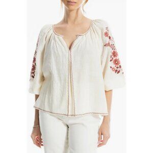 💕MAX STUDIO💕 Embroidered Peasant Top ~ Antique Rose Poppies Crst Small S NWT
